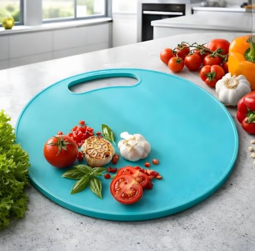 Image of Premium Plastic Round chapping Cutting Board with Handle, Turquoise Blue, 30 cm Diameter, Food Grade Material, Non-Slip Surface AS0005