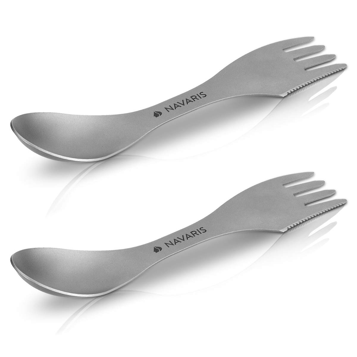 Navaris Set de 2 cubiertos de titanio 3en1 para camping - Tenedor cuchillo y cuchara para acampada picnic viaje excursión - Cubierto de metal