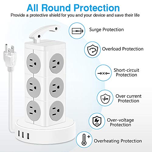 Power Strip Tower, Ftedk Surge Protector Power Tower With 12 Ac And 3 Usb Long Extension Cord 3.4A Usb Iq Charging Station With Overload Protection For Home Office Dorm #TOP1