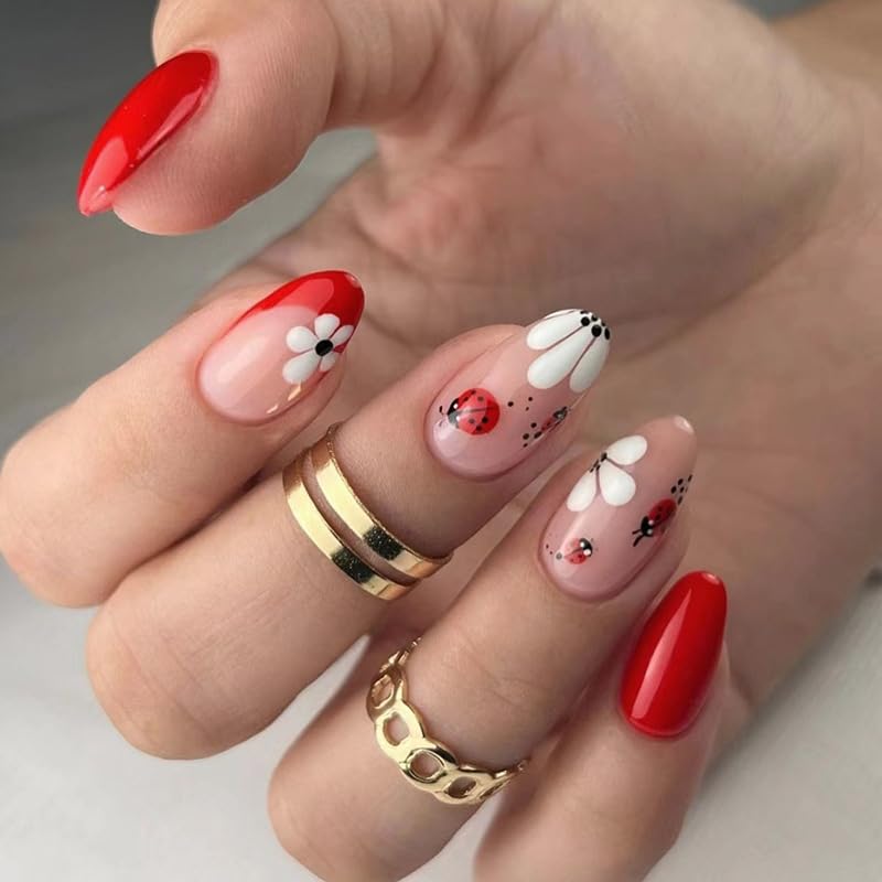 Premium Designer 24pcs Press-On Nails with Ladybug and Floral Design, Almond Shape Reusable & Unbreakable Nails-image-6