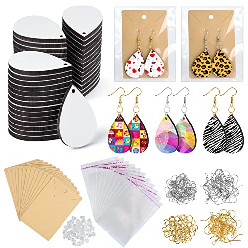 FEPITO 50 Pcs Sublimation Printing Earrings Sublimation Blank Earrings with Earring Hooks Earring Cards and Jump Rings