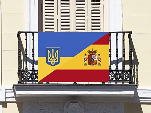 Oedim Bandera de Ucrania y España con Escudo, 100x70cm, Incluye 4 Ojales Metálicos, Resistente al Agua, Fabricada en Lona*