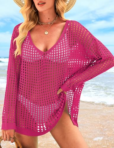 Image of Womens Summer Tops Crochet Sweaters Swimsuit Cover Ups Hollow Out Loose Lightweight Beach Knit Pullover