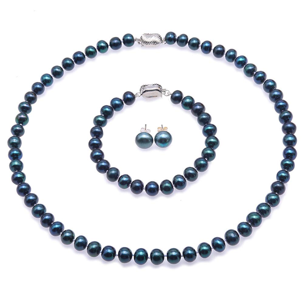 JYX Pearl JYX Conjunto de collar de perlas Conjunto de collar, pulsera y pendientes de perlas cultivadas de agua dulce azul marino de 8-8.5 mm