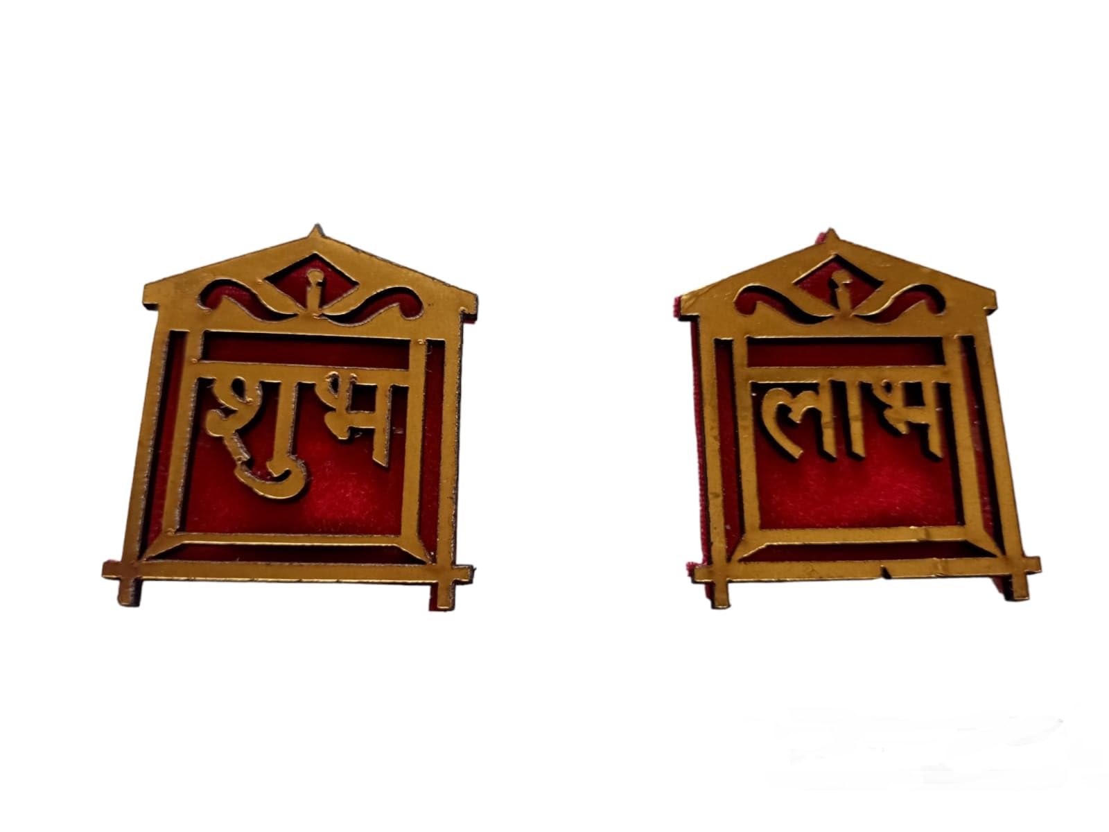 Denique Wooden Floral Shubh Labh Sticker (1 Pair) | Shubh Labh Wall Stickers Decoration Items for Main Door Entrance, Pooja Room, Mandir (Temple Shape Labh Shubh) 1