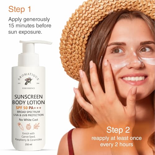 Image of Aromatique Sunscreen Body Lotion SPF 50 PA+++ | Broad Spectrum UVA & UVB Protection | No White Cast | With Carrot Seed, Raspberry & Ceramides | 250ml Body Sun Lotion