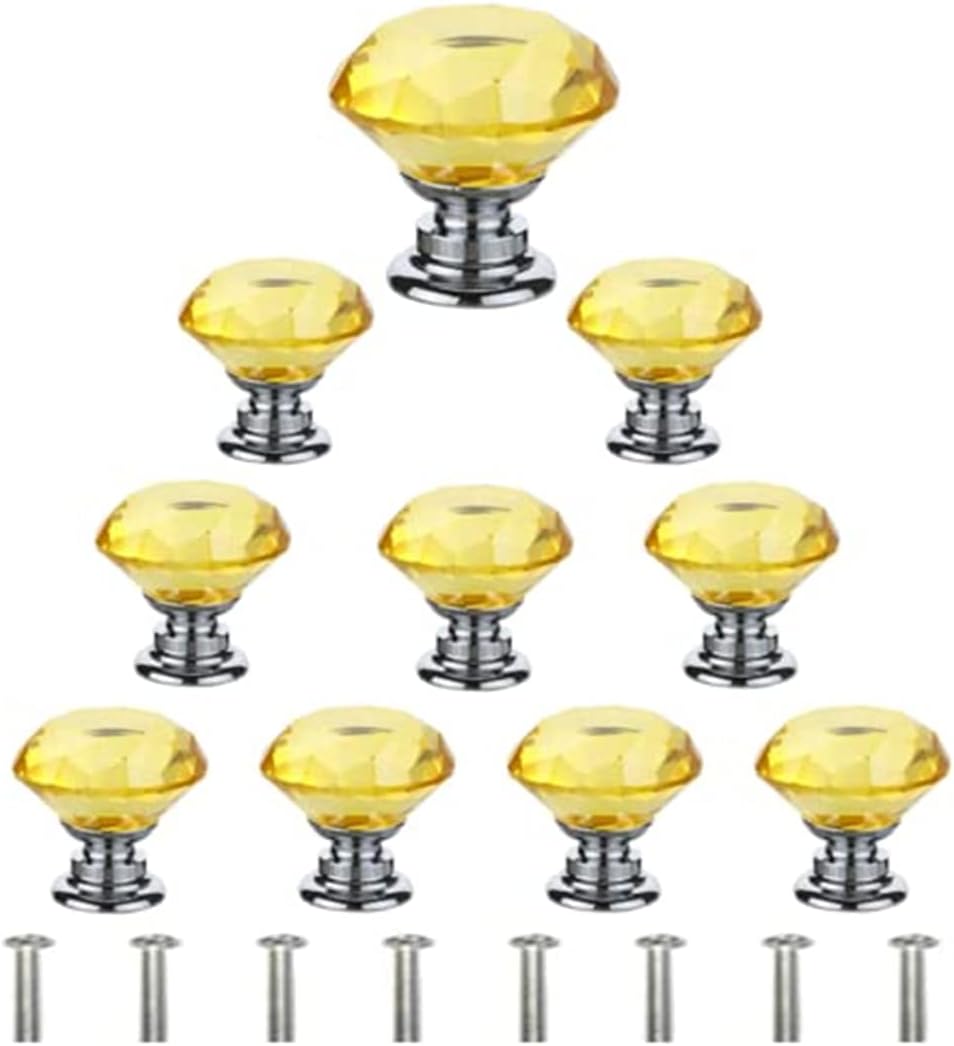 10Pcs 30MM Diamond Kitchen Pulls Cabinet Handle Hardware Design Knobs Shape Knob Drawer Cupboard Crystal Glass Door Furniture (Yellow)