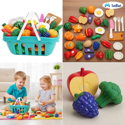 Image of FunBlast Fruits & Vegetables Play Set Toys, 26 Pcs; Realistic Sliceable Cutting Pretend Play Kitchen Toys for Kids, Play Food Toys, Fruit Vegetable Toys, Chopping Board with Knife & Basket