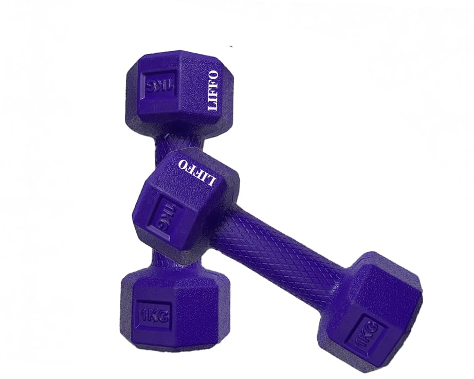 Image of Liffo Dumbbell 1Kg Pair Hexa PVC Dumbbells Set For Home Gym, Exercise & Fitness Dumbbell (Purple) Fixed Weight Dumbbell Home And Gym Use (1Kg X 2PCS)