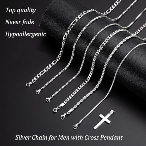 Stackable Gold/Silver Chain for Men, 6/7 Pcs Stainless Steel Cross Chain Mens Necklace Jewelry Set for Men, 5/6 Chains + 1 Cross Pendant3