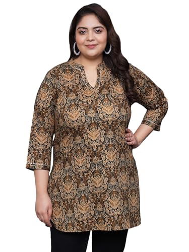 Tissu Women's Plus Size Brown Ethnic Motifs Printed Pure Cotton Kurti (2264_Brown_7Xl)