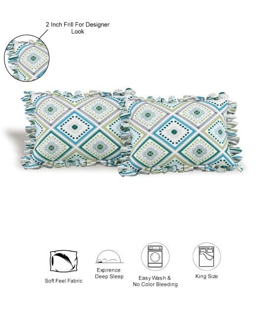 Image of King Size Fitted Bedsheet for Double Bed | 300 TC Cotton Feel Microfiber | All Around Elastic with 2 Frill Pillow Covers | Soft & Durable | (WhiteGeometricFrill, Fitted - Double72x72)