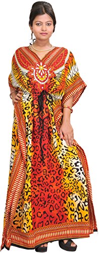 Kaftán largo de India holgado para disimular curvas con estampado de tigre y dori central