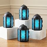 VELA LANTERNS Mini Moroccan Tea Light Candle Holder Lanterns – 4.25' Small Decorative Lantern for Table or Hanging, Metal with Glass Panels – Ramadan, Wedding, Home Decor, Aqua Blue (Set of 4)