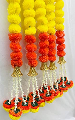 Image of Sphinx Artificial Marigold Fluffy Flowers Garlands for Decoration - Pack of 5 (Orange,Yellow Mix with Bell)