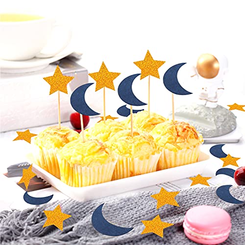 Image of Navy-Blue Moon Gold Star Confetti - 300pcs Glitter Twinkle Little Star Table Confetti Eid Ramadan Mubarak Decoration Birthday Wedding Baby Shower Party Decor Lasting Surprise