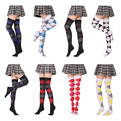 Women Student Thigh High Socks Vintage Colorful Argyle Over Knee Stockings Grey4