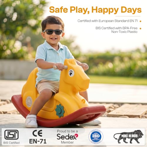 Image of Toyzone 2 in 1 Royal Horse Ride On - Yellow| Baby Rocker with Comfortable Seat & Back Support | Durable Child-Safe Design | Smooth Rocking Base | Indoor Play Toy | 1-4 Years