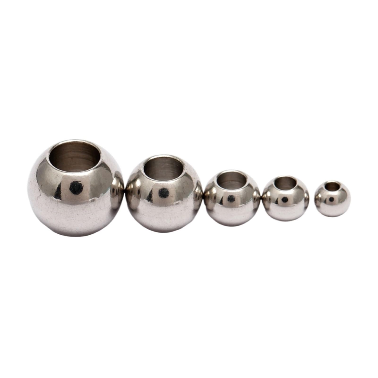 Koraliki z dużym otworem, Opakowanie 50 kulek ze stali nierdzewnej w kształcie pustych, okrągłych z dużym otworem, różne rozmiary(Silver-10mm With 5mm Hole)