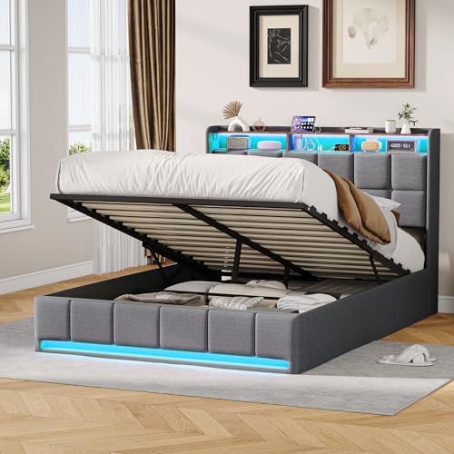 Lit Coffre 140 x 190 cm avec LED et Port USB/Type-C, Lit Double Rembourré 140x190 avec Hydraulique Rangement et Sommier, Tête de Lit Capitonné avec Étagères Ouvertes Lit pour Adultes (Gris-3, 140x190 Lit Coffre 140 x 190 cm avec LED et Port USB/Type-C, Lit Double Rembourré 140x190 avec Hydraulique Rangement et Sommier, Tête de Lit Capitonné avec Étagères Ouvertes Lit pour Adultes (Gris-3, 140x190