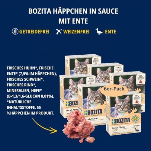 Bozita Tetra Häppchen in Sauce mit Duck– 6x370g Getreide- & zuckerfreies Premium-Katzenfutter, ohne Gentechnik, mit 7,5% Protein und 5% Fettgehalt – leckeres Nassfutter für Feinschmecker