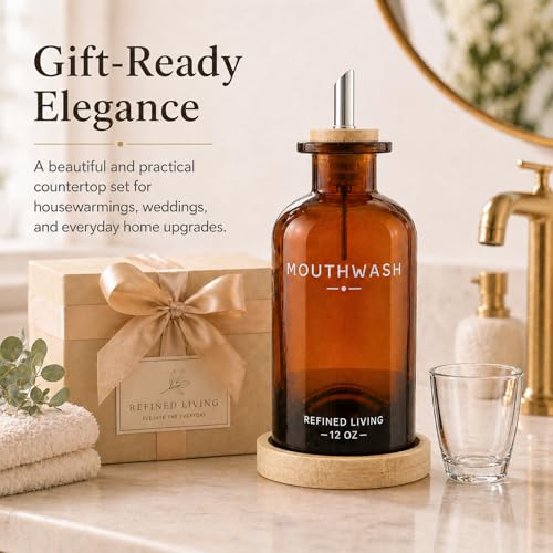 Image of Mouthwash Dispenser for Bathroom, 12 OZ Refillable Glass Mouthwash Bottle with Cup and Bamboo Tray, Decorative Mouth Wash Dispenser Set for Bathroom (Amber)