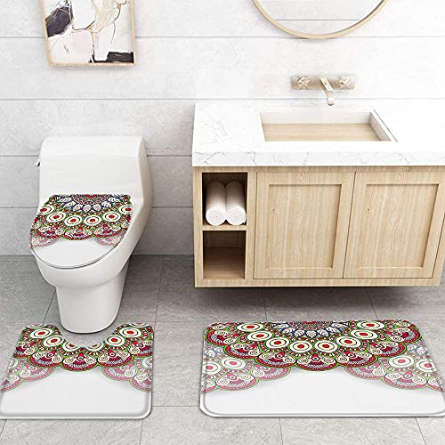 ZDDWLDL 4Pcs Duschvorhänge Set Mit Rutschfesten Teppichen,Toilettendeckel und Badematte Weiß-Rot-Grüne Mandala-Blumen… – Bild 3