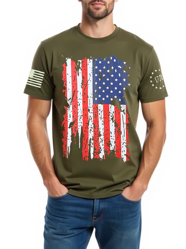 American Flag T Shirt Men Vintage USA Flag T-Shirt in Army Green 3XL-Large