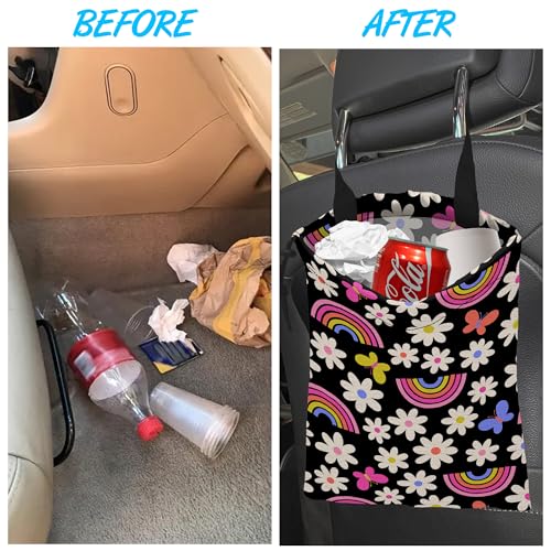 Image of Car Trash Bag Daisy Rainbow Butterfly Car Garbage Bag Hanging Car Trash Can for Back Seat with Drawstring, Waterproof Garbage Bags for Car Accessories Vehicle Travelling Camping Outdoor