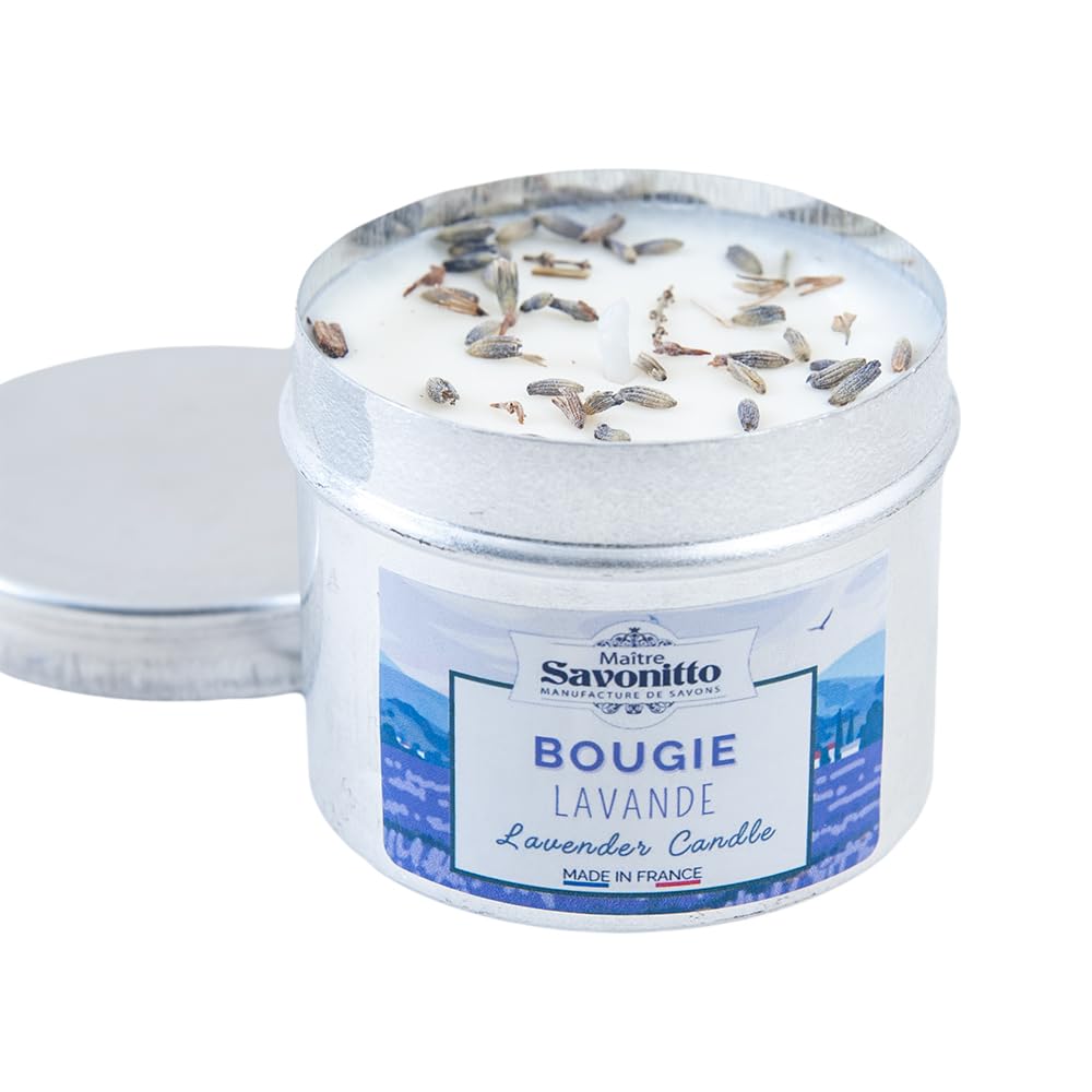 Maitre Savonitto Lavender Scented Candle in Tin - Natural Soy Wax - French Aromatherapy Home Fragrance - Botanical Mood Boosting Gift - Up to 35 Hours Burn Time - 100ml