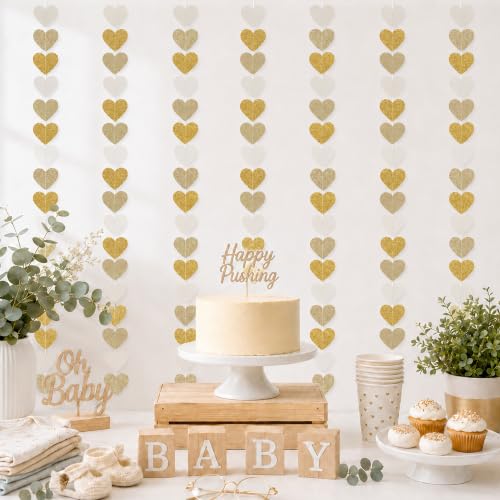 Image of Engagement Party Decorations - White Gold Champagne Heart Streamers Garland
