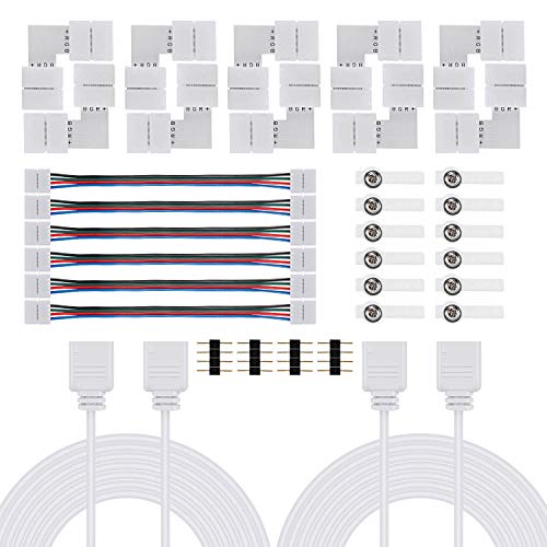 Keten Kit de Conector LED Incluye 2x Cables de Extensión de Tira de Luz LED de 2M, 10 Conectores en Forma de L, 4 Conectores Macho de 4 Clavijas, 6 Conectores de Puente de Tira LED, 12x Clips
