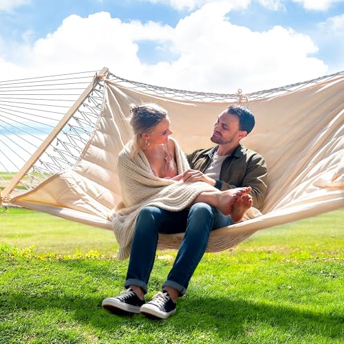Image of SUNCREAT 2 Person Hammock with Hardwood Spreader Bar, Outdoor Rope Hammock with Polyester Pad, 475 lbs Capacity, Beige