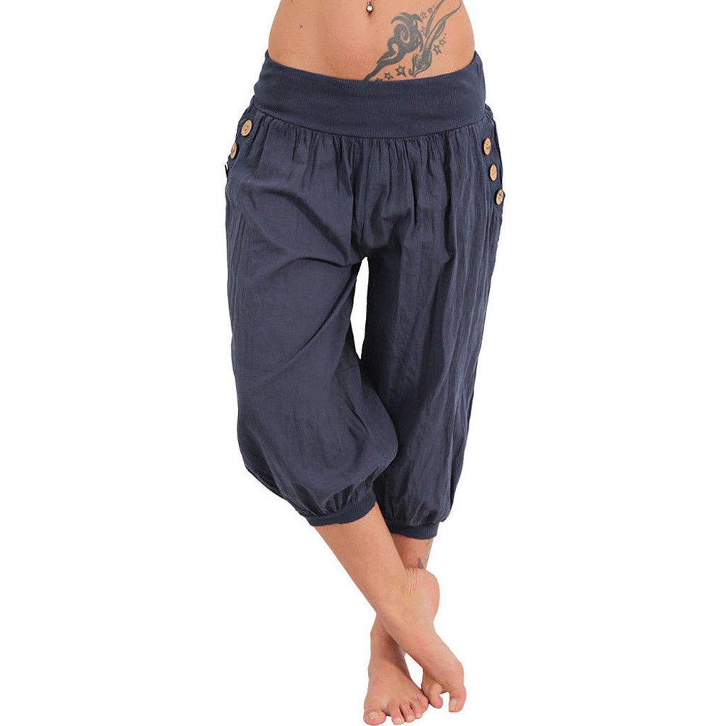 FankleWomen's Pants Elastic Waist Boho Harem Pants Sale Baggy Loose Pocket Button Wide Leg Summer Casual Yoga Capris
