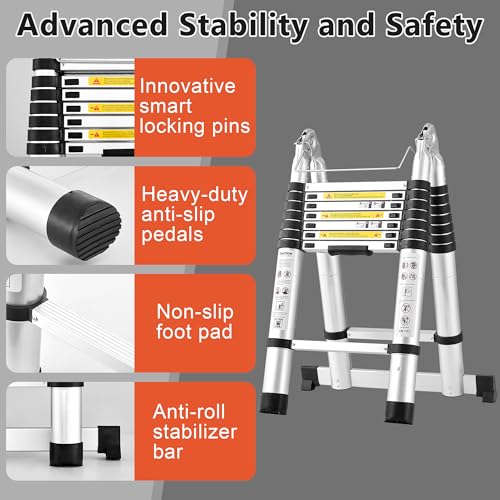 Image of Telescoping Ladder A Frame 16.5Ft Aluminum with Stabilizer Bar, Silver | 330 LBS Capacity, Collapsible Extension Ladder with Non-Slip Feet for House, Roof, RV & Travel Trailer