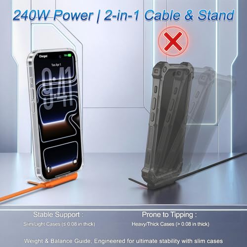 Image of Invisible Holder Charger Cable, 240W USB C to Lightning Cable 1.5M /4.9FT Braided Fast Charging Cord, 90 degree Connector & 360 Adjustable Stand for iphone, Gaming, Home, Office, Orange, 1 PACK