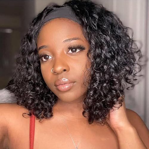 Image of Deep Wave Headband Wig Human Hair 10 Inch Brazilian Virgin Natural Black