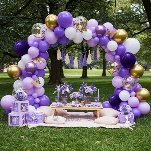 Image of Purple Balloon Arch Kit, Purple and Gold with Butterflies, 121 Pcs