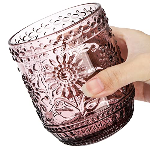 Hacaroa 6 Pack 12 Oz Drinking Glasses, Vintage Water Glasses Purple Colored Glassware Heavy Duty, Decorative Floral Embossed Beverages Tumblers For Whisky, Beer, Juice, Wine #TOP2
