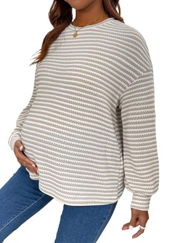 RoseSeek Womens Maternity Striped T Shirts Long Sleeve Crew Neck Drop Shoulder Fall Tops Maternity Clothes Light Brown Medium