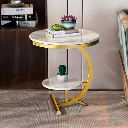 Image of NEST NATURE HAVEN Wood 2 Tier Round Coffee Table Nightstand Bedside Telephone Table With Storage, End Table Sofa Side Corner Table For Living Room Bedroom Small Spaces, Golden And White