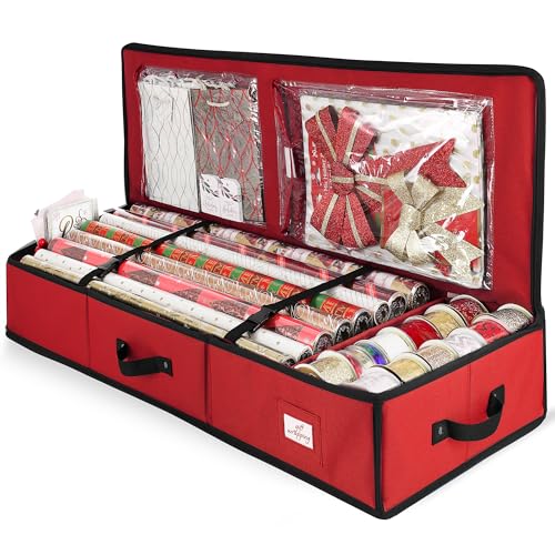 Hearth & Harbor Wrapping Paper Storage Container - Christmas Storage Bag with Interior Pockets - Gift Wrap Organizer Fits Up to 22 Rolls of 40' - Tear Proof, Red