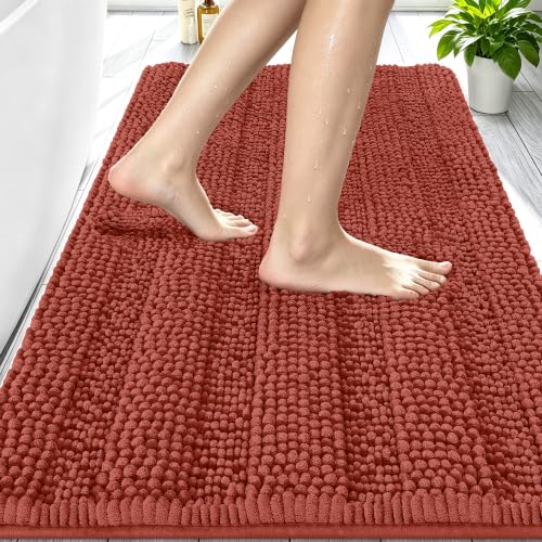 Image of Smiry Thick Small Chenille Bathroom Rugs 24x16, Bath Mat, Rustic Terracotta | Quick‑Dry & Machine Washable, Non‑Slip Bath Carpet, Soft Striped Bath Rugs for Tub & Shower, Modern Home Decor Accessories