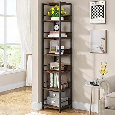 Tribesigns 6-Tier Corner Shelf, 75 Inch Tall Narrow Bookshelf Storage Rack, Etagere Shelves Display Stand for Small Spaces, Rustic Open Bookcase Square Shelf Tower for Living Room Bathroom Cover