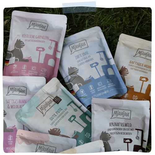 MjAMjAM - Premium Nassfutter für Katzen - Quetschie - zarte Ente & Geflügel an leckeren Möhrchen, 12er Pack (12 x 125 g), getreidefrei mit extra viel Fleisch