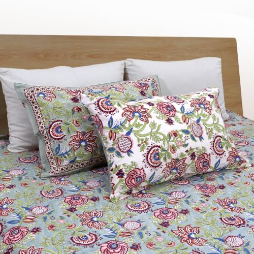 Image of TOAI Hand Block Printed Bedsheet | Bed Spread Flatsheet Bed Sheet | Pure Cotton | Queen Size 90 inchx108 inch | 210 TC Luxury Cotton | 2 Reversible Pillow Covers |Rangeela Bagh