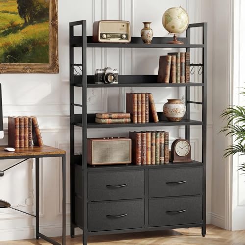 YITAHOME Estantería Industrial 4 Niveles con estantes Ajustables y 4 cajones de Tela, Independiente con Estructura de Metal, Ideal para Sala de Estar, Negra
