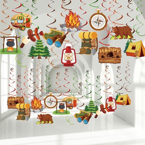 Image of 58 Pieces Camp Hanging Swirls, Camping Party Adventure with Campings Adventure Sign Foil Swirls Ceiling Camping Birthday Party for Kids Baby Shower Favor Supplies Indoor Outdoor