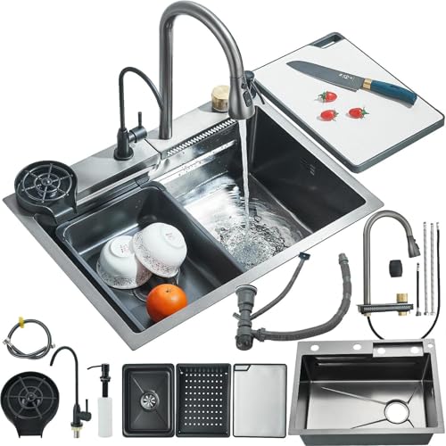 Evier Cuisine Inox 1 Bac avec Robinet Extensible et Pure Rince Verr Automatique 1 Bac avec...