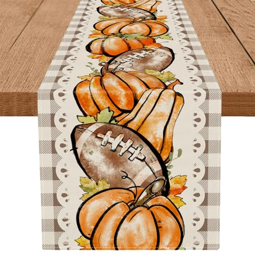 Fall Table Runner Pumpkins Football Leaves Buffalo Plaid Farmhouse Table Decorations Autumn Party Kitchen Dining Table Decor Supplies 13x36 Inch